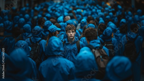 a young man stands against the crowd photo