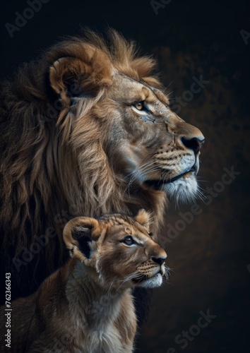 Adult lion portrait with small cub against dark background 