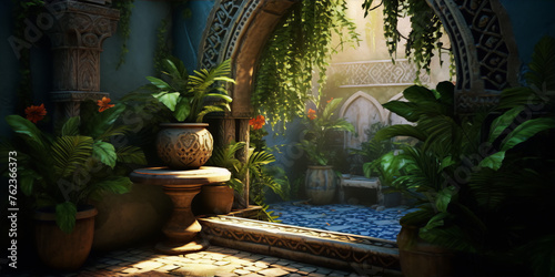 Courtyard oasis with Moorish architecture, plants, and sunlight photo