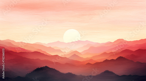 Sunset over layered mountain peaks, rendered in warm hues of pink and red, evoking a tranquil, picturesque evening.