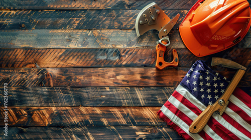 Eyecatching American flag and tools near the helmet labor day concept photo