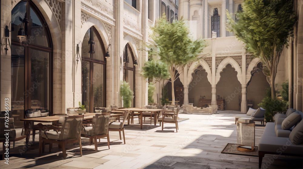 Obraz premium A sun-drenched courtyard, with arched walkways, outdoor seating, and lush greenery. Tranquil and elegant. 