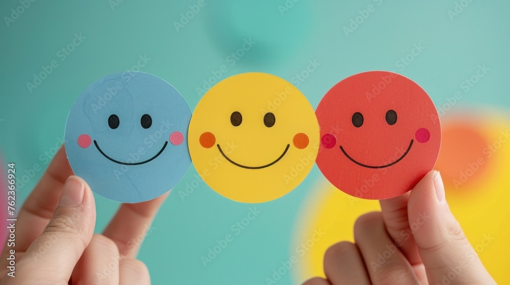 Hand choosing happy smile face paper cut, good feedback rating and positive customer review, experience, satisfaction survey ,mental health assessment, child wellness,world mental health day concept Hand choosing happy smile face paper cut, good feedback rating and positive customer review, experience, satisfaction survey ,mental health assessment, child wellness,world mental health day concept