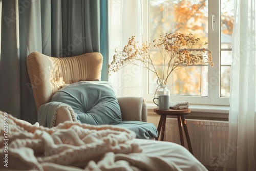 Cozy bedroom with plants and morning light. A well-lit, inviting bedroom with wooden furniture, green houseplants, and warm morning sunlight streaming in through the bay windows