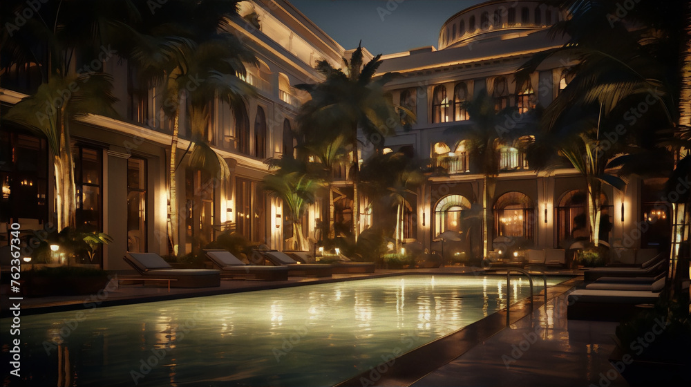 3d rendering of a luxury hotel with a pool at night