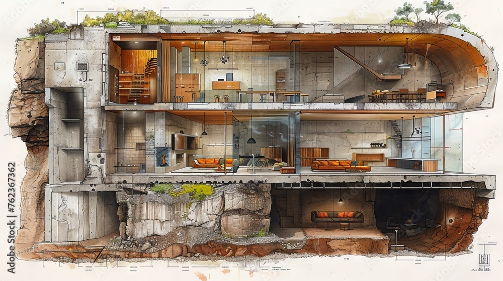 Sectional view of a drawing of an underground house with a multi-level ...
