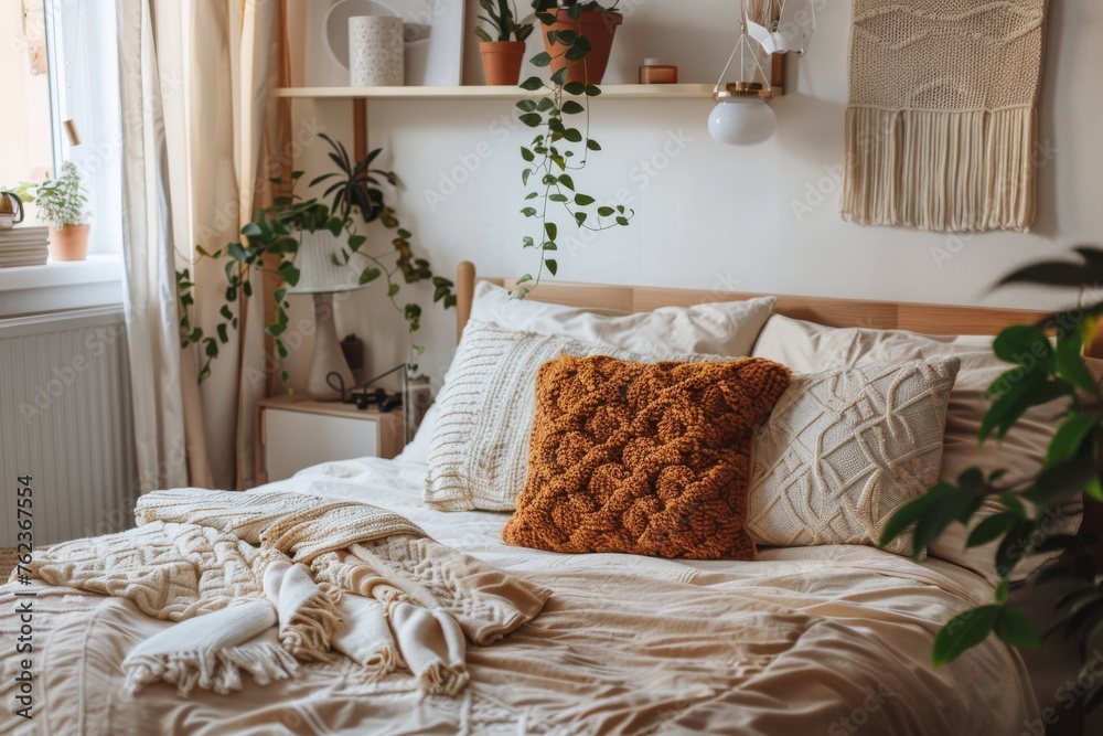 Obraz premium Cozy bedroom with plants and morning light. A well-lit, inviting bedroom with wooden furniture, green houseplants, and warm morning sunlight streaming in through the bay windows