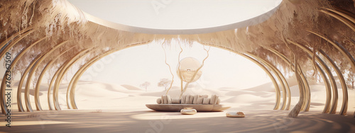 Futuristic desert shelter with a golden sofa and a large sphere in the middle