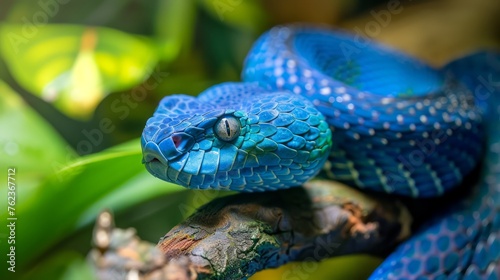 Blue viper snake on branch
