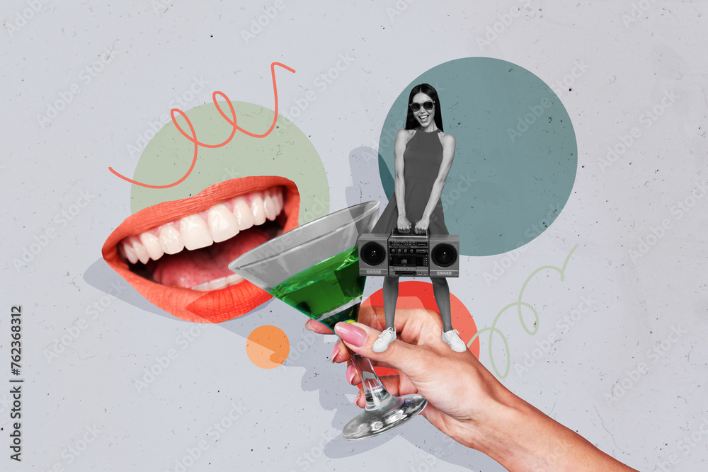 Creative collage standing young cool girl weekend pub cocktail drink face fragment mouth caricature toothy smile relax entertainment party - obrazy, fototapety, plakaty 