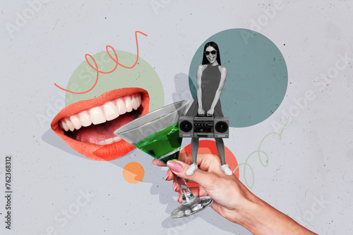 Creative collage standing young cool girl weekend pub cocktail drink face fragment mouth caricature toothy smile relax entertainment party