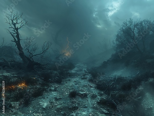 Barren landscape, dead trees, thunder crackling, intense light play, eerie atmosphere