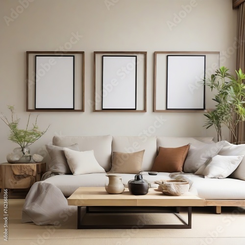 Modern living room interior with mock-up poster frames