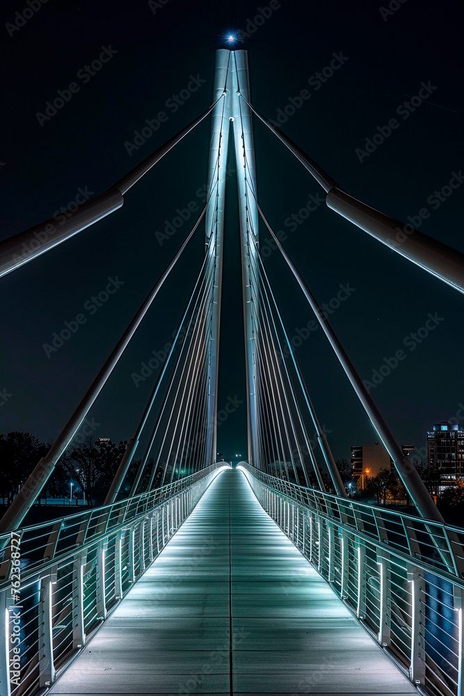 A bridge brilliantly lit up at night, casting a vibrant glow on the surrounding water and structures.
