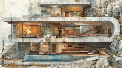 A contemporary architectural rendering showing a sectional view of a multi-level building with illuminated interiors that fits into the contour of the cliff, with living and public spaces clearly 