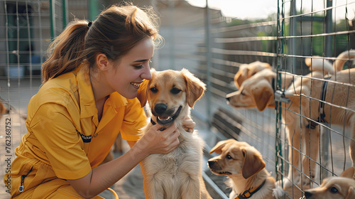 Female volunteer in uniform at animal shelter petting rescued dogs.