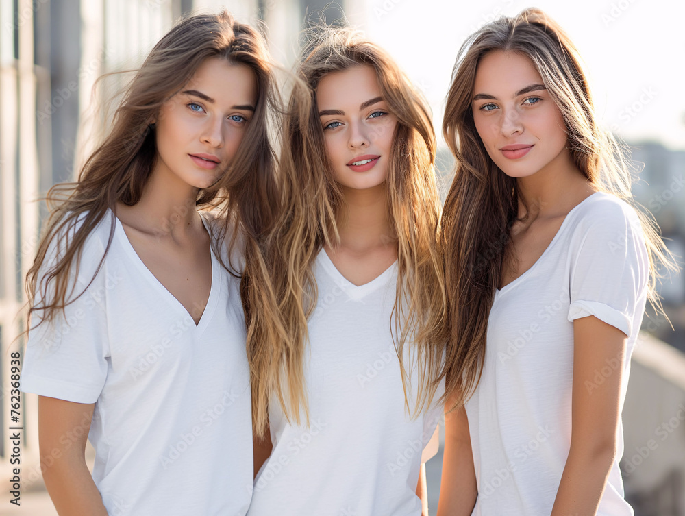 Three beautiful young women standing next to each other in front of a building, Mockup creator. Generated AI 