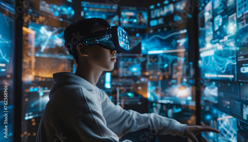 An Asian man wearing a VR headset with a hologram in front of him, writing code or hacking in a control room surrounded by computer screens and projections 