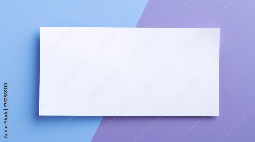 Blank white card on a blue and purple background. Blank business card on violet background