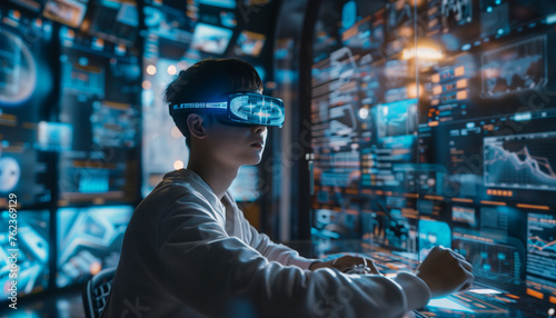 An Asian man wearing a VR headset with a hologram in front of him, writing code or hacking in a control room surrounded by computer screens and projections  photo