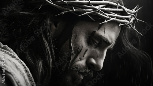 Depiction of Jesus Christ with Crown of Thorns in Shadowy Illumination  © Ariyl