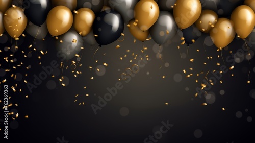 Happy birthday card with gold balloons and confetti isolated on black background with copy space. photo