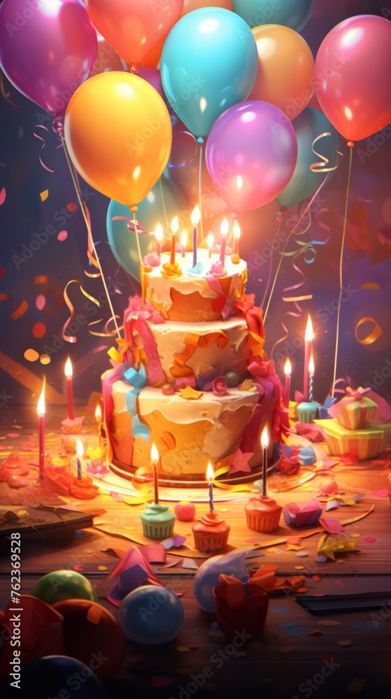 Celebration of a birthday with cake and balloons. cake with colorful balloons. Vertical orientation - obrazy, fototapety, plakaty 