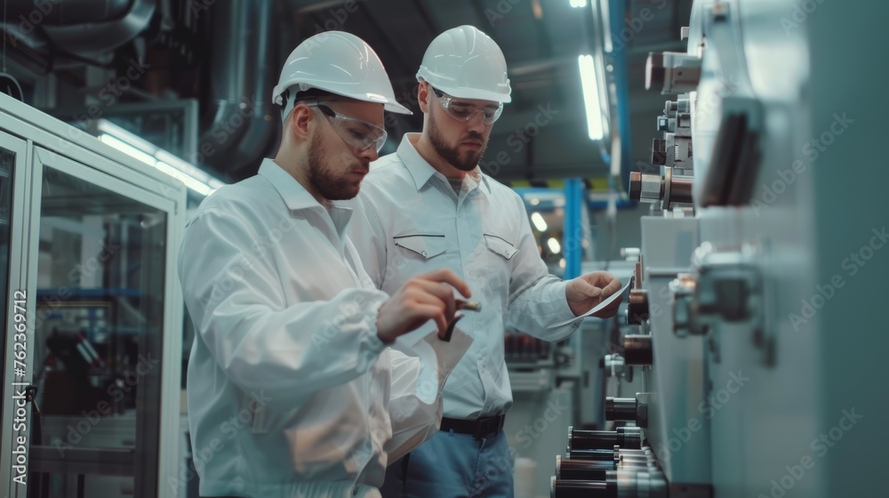 Engineers and factory managers wearing safety helmet inspect the machines in the production. inspector opened the machine to test the system to meet the standard. machine, maintenance Engineers and factory managers wearing safety helmet inspect the machines in the production. inspector opened the machine to test the system to meet the standard. machine, maintenance