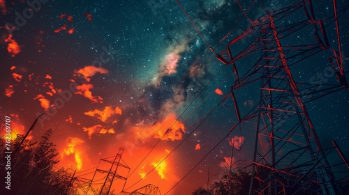 Electricity transmission towers with orange glowing wires the starry night sky. Energy infrastructure concept  energy  electricity  voltage  supply  pylon  technology