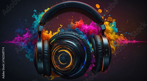 Stereo headphones exploding in festive colorful splash, with vibrant colorful light effects on loud music sound, pulse, bass and beats