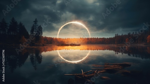 A stunning nighttime scene of a half-cloudy circle reflected in water
