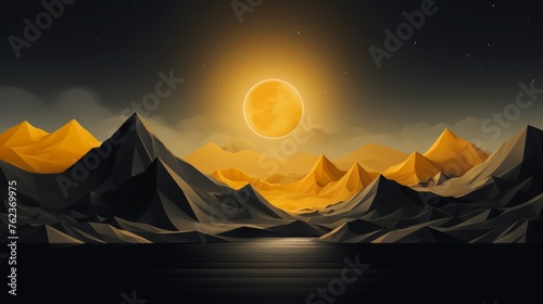 Black mountains landscape abstract background. Abstract art landscape mountain with yellow moon