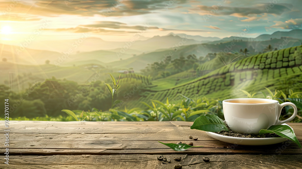Warm cup of tea and organic green tea leaf on wooden table with the tea plantations background. Warm cup of tea and organic green tea leaf on wooden table with the tea plantations background.