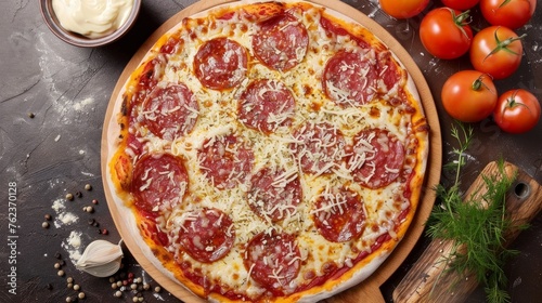 salami pizza with cheese (dough, tomato sauce and other ingredients) menu concept. food background. top view. copy space