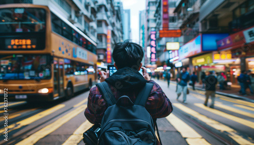 A man taking pictures on his smartphone of the traffic in a busy city