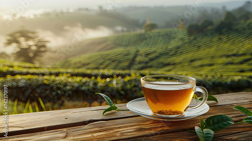 Warm cup of tea and organic green tea leaf on wooden table with the tea plantations background.