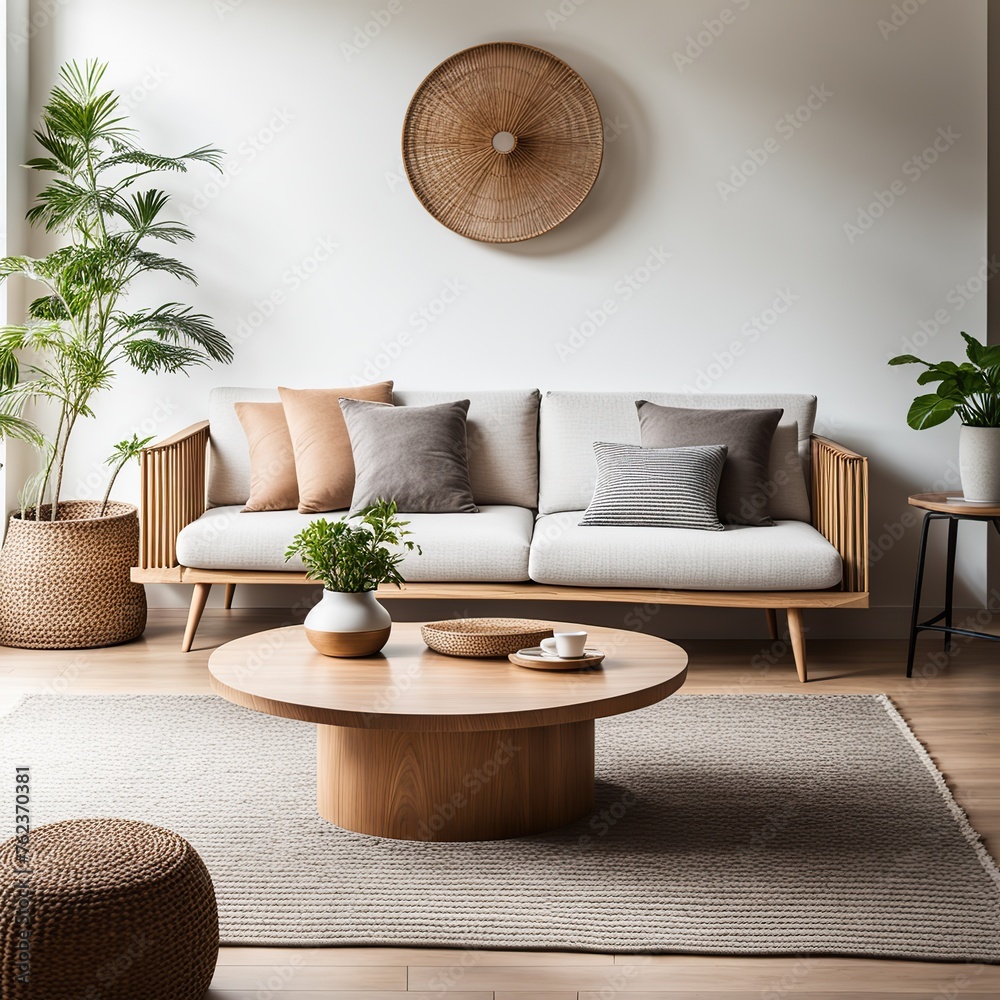 Modern living room interior with sofa, coffee table and plant. - obrazy, fototapety, plakaty 