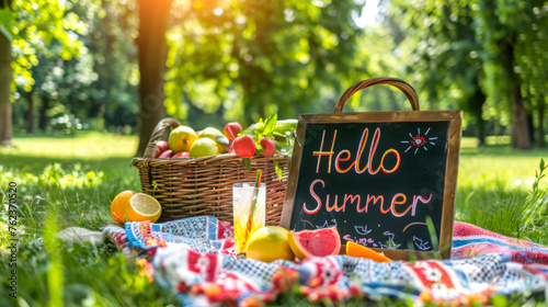 Fototapeta Naklejka Na Ścianę i Meble -  Picnic time with Hello Summer sign, fresh fruit on a blanket in a park