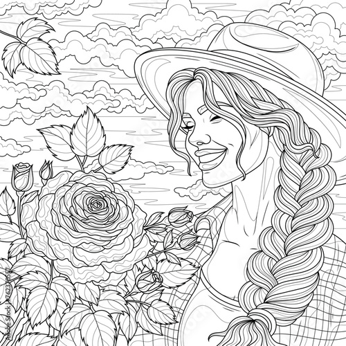 Girl and roses.Coloring book antistress for children and adults.