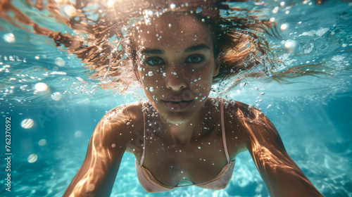 Underwater view of a girl enjoying swimming in the sunlit water © Paula