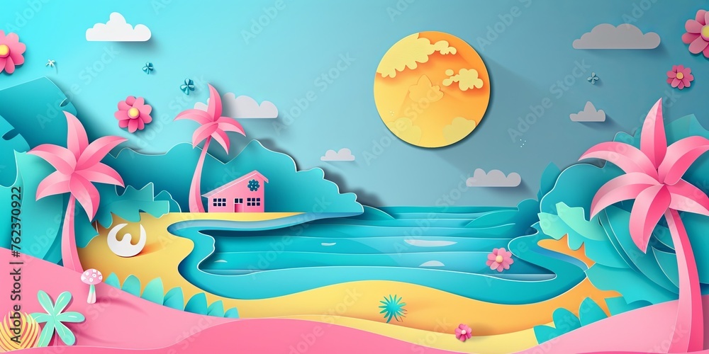 Summer landscape paper cut background illustration