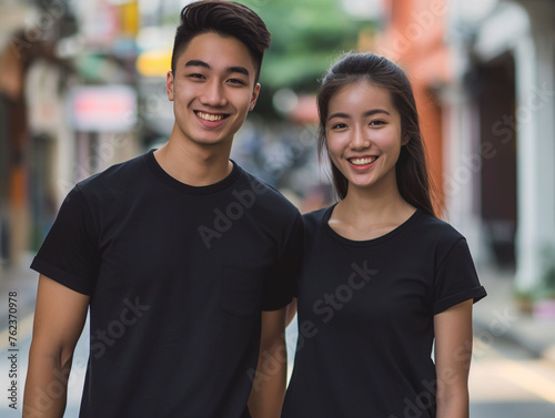 They are two people standing in the street smiling for the camera, Fashion mockup. Generated AI 