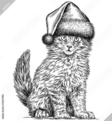 Vintage engraving isolated cat set dressed christmas illustration kitty ink santa costume sketch. Pet background kitten silhouette whisker new year hat art. Black and white hand drawn vector image