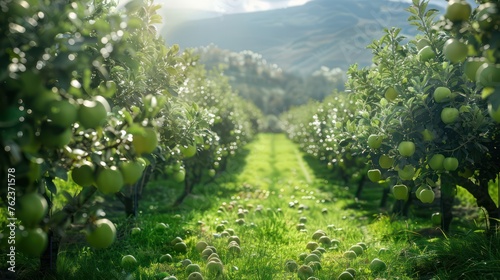 Apples on green trees in orchard in summer. Generative AI