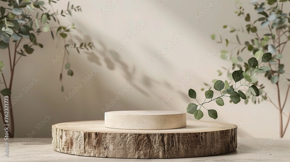 Minimal modern product display on neutral beige background. Wood slice podium and green leaves