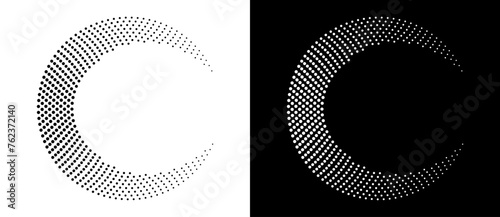 Modern abstract background. Halftone dots in circle form. Letter C like logo, icon or design element. Black dots on a white background and white dots on the black side.