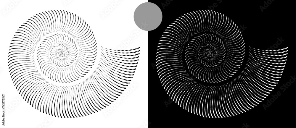 Modern abstract background. Halftone dots in spiral. Round logo, design element or icon. A black figure on a white background and an equally white figure on the black side. Modern abstract background. Halftone dots in spiral. Round logo, design element or icon. A black figure on a white background and an equally white figure on the black side.