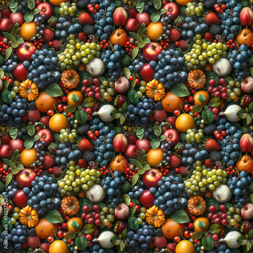 Seamless pattern of assorted fresh fruits and berries, ideal for backgrounds or textile designs.