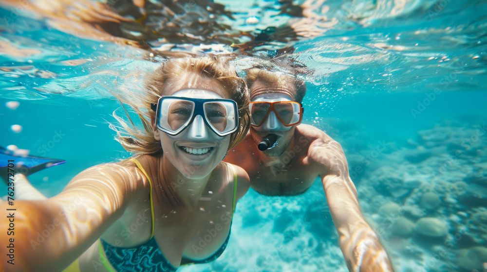 Happy young women in snorkeling mask dive under turquoise water with fishes in coral reef sea pool. Travel lifestyle, water sport outdoor adventure, swimming or diving lesson on summer beach holidays