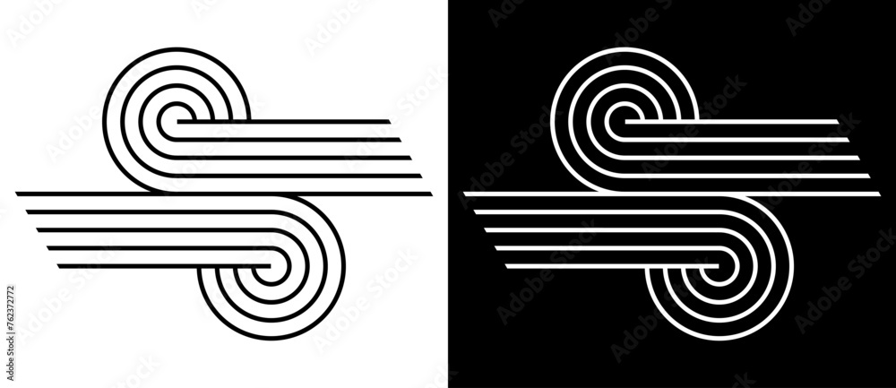 Abstract shapes with curved lines. Black lines on a white background and white lines on the black side. Abstract shapes with curved lines. Black lines on a white background and white lines on the black side.